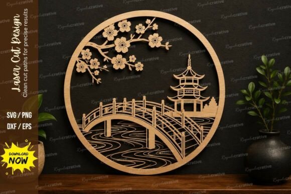 Download Bridge &amp; Pagoda Scene SVG Laser Cut - Laser Collection